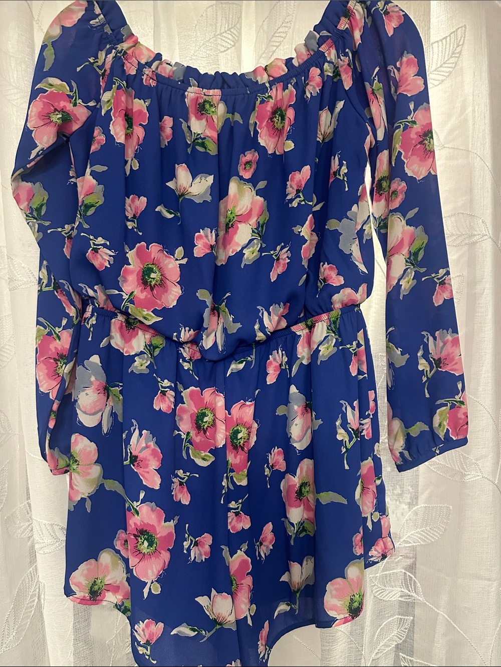 Peach Love California Blue Off-Shoulder Floral Romper with Pink Blooms - Picture 8 of 12